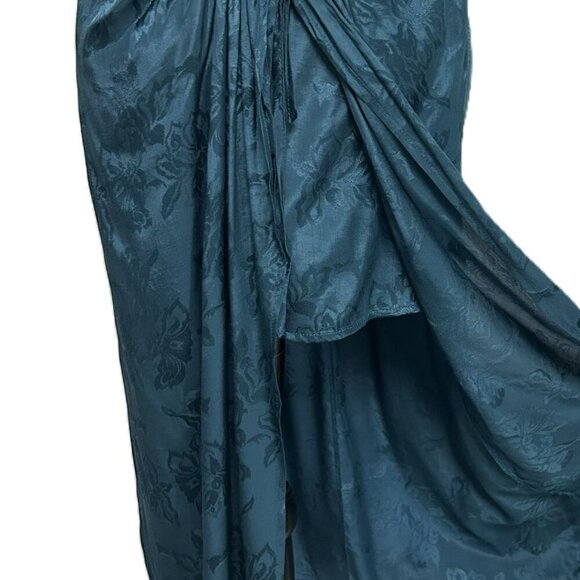 NWT Band of the Free Celene Side Drape Teal Floral Embossed Satin Midi Skirt Med - Picture 3 of 11